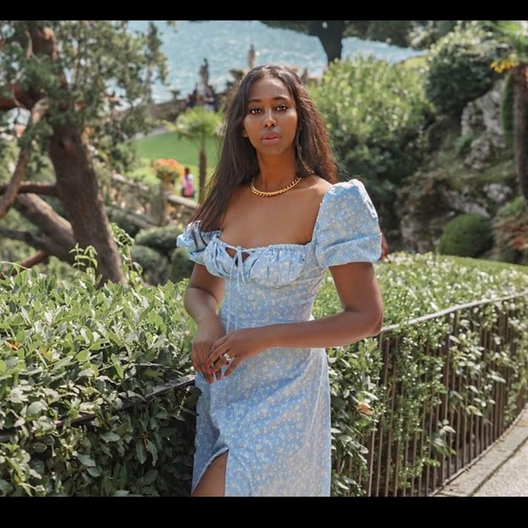 HOUSE OF CB TALLULAH BLUE IVORY FLORAL PUFF SLEEVE MIDI DRESS - Picture 5 of 8